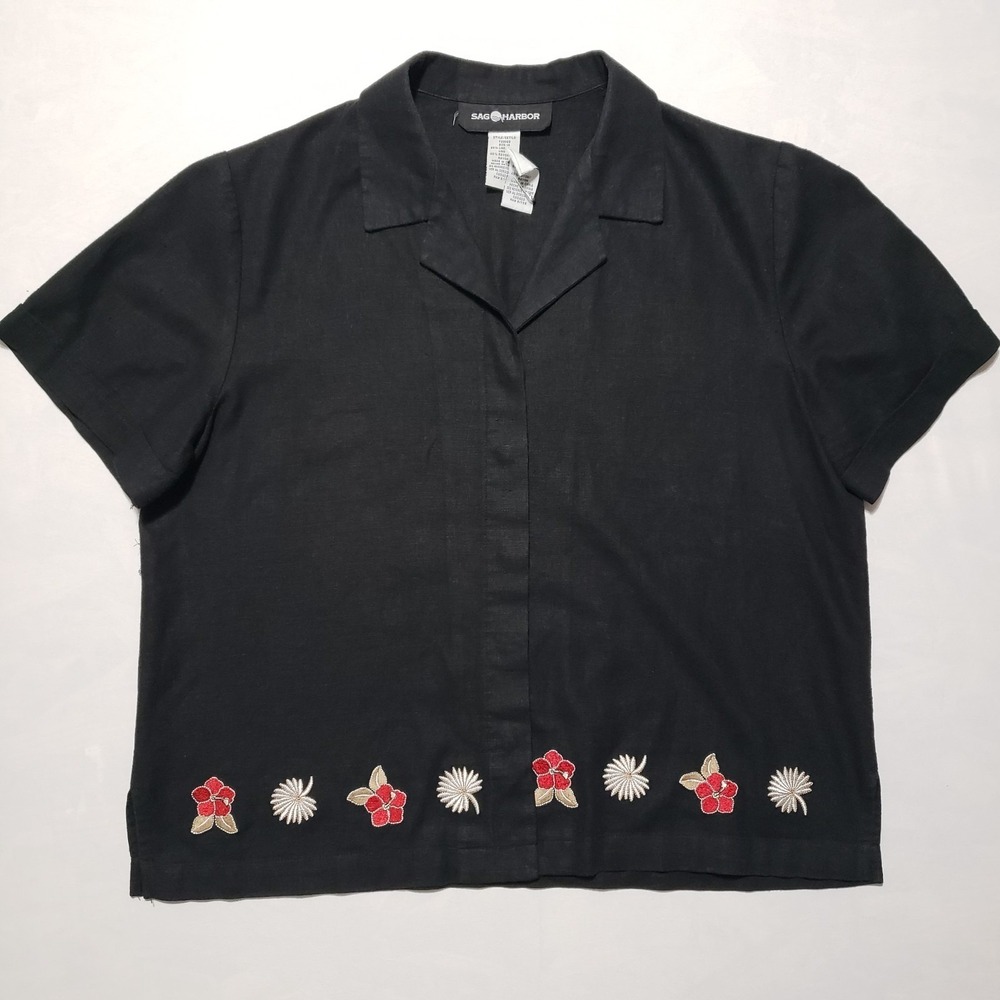 Sag‎ Harbor Linen Button Up Blouse Floral Embroidered Black Womens 14 Grannycore